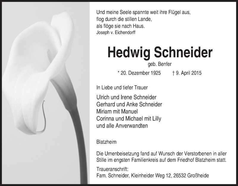  Traueranzeige für Hedwig Schneider vom 25.04.2015 aus Tageszeitung