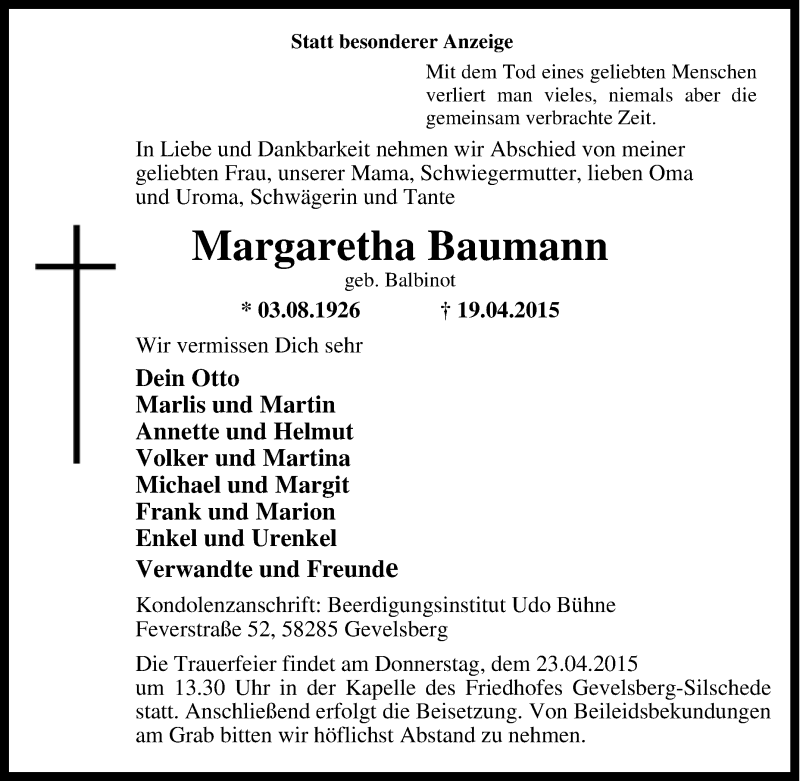  Traueranzeige für Margaretha Baumann vom 21.04.2015 aus Tageszeitung