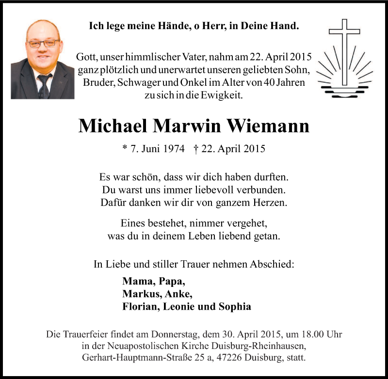  Traueranzeige für Michael Marwin Wiemann vom 27.04.2015 aus Tageszeitung