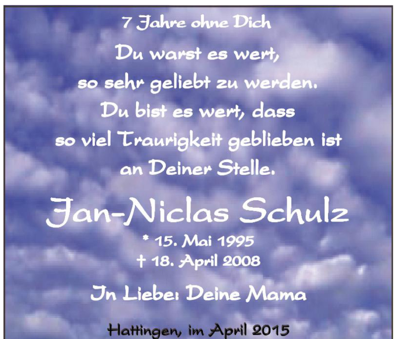  Traueranzeige für Jan-Niclas Schulz vom 18.04.2015 aus Tageszeitung