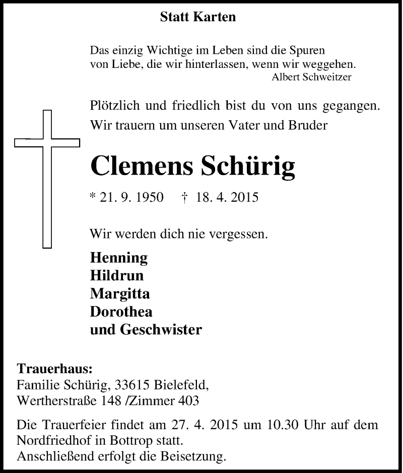  Traueranzeige für Clemens Schürig vom 25.04.2015 aus Tageszeitung