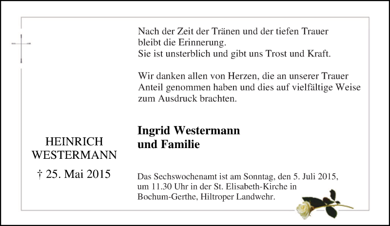  Traueranzeige für Heinrich Westermann vom 03.06.2015 aus Tageszeitung