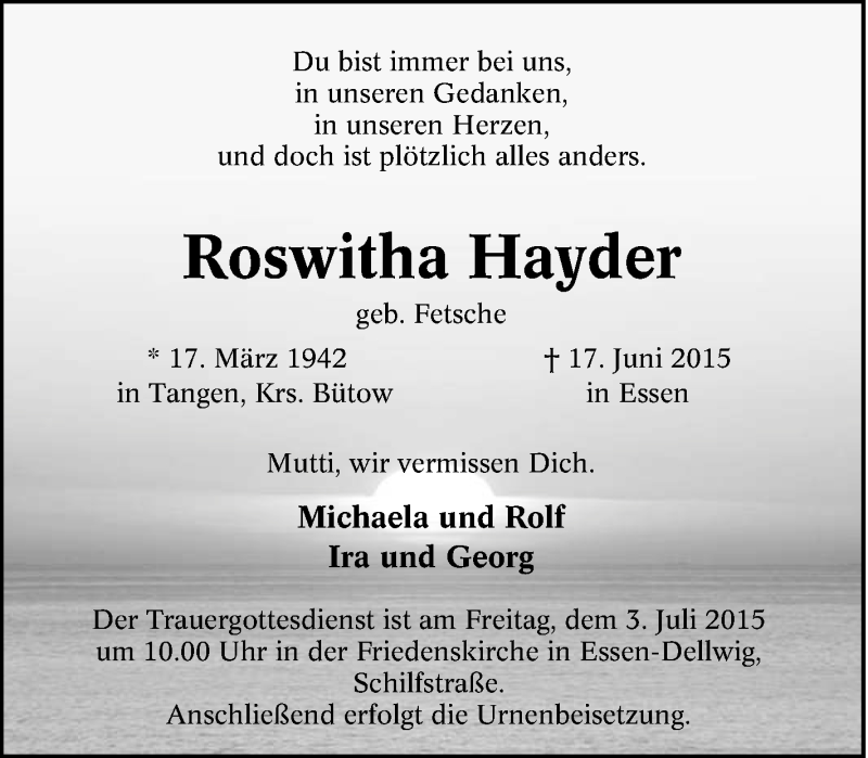  Traueranzeige für Roswitha Hayder vom 03.07.2015 aus Tageszeitung