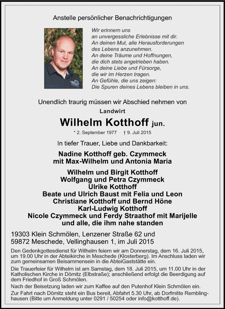  Traueranzeige für Wilhelm Kotthoff vom 15.07.2015 aus Tageszeitung
