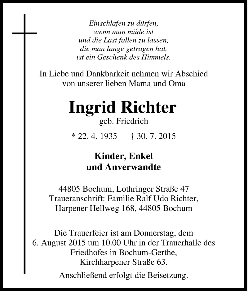  Traueranzeige für Ingrid Richter vom 05.08.2015 aus Tageszeitung