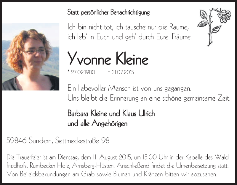  Traueranzeige für Yvonne Kleine vom 05.08.2015 aus Tageszeitung