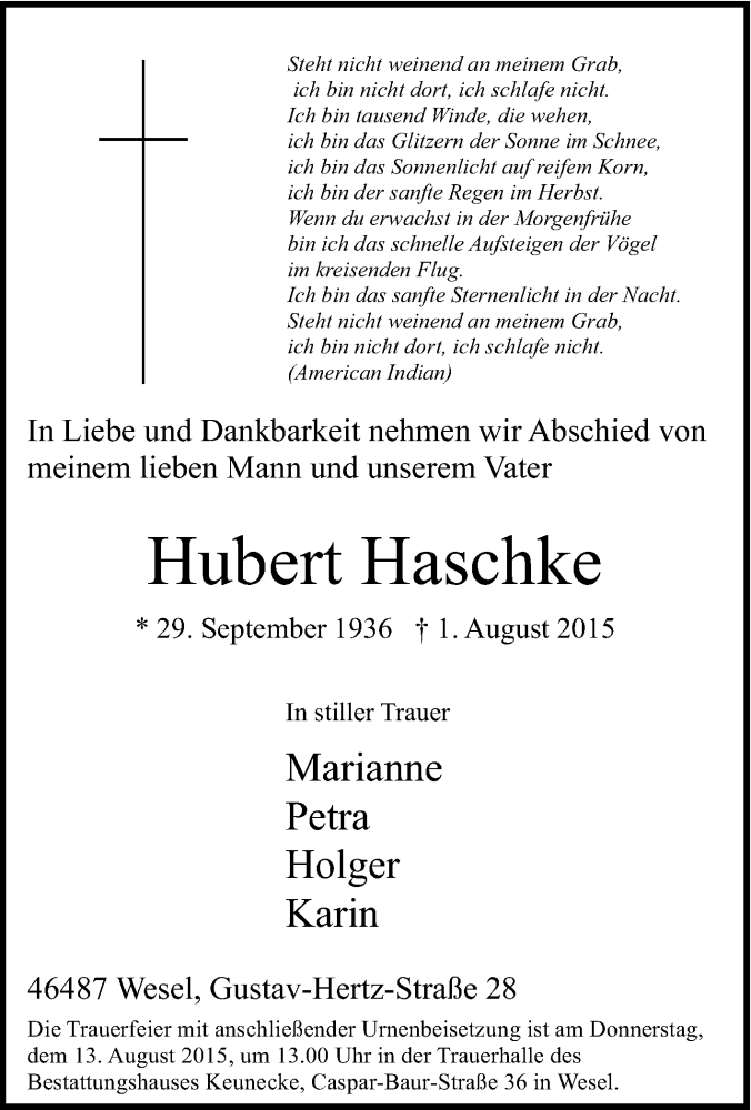  Traueranzeige für Hubert Haschke vom 05.08.2015 aus Tageszeitung