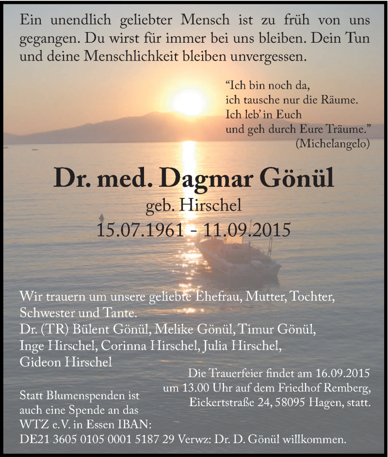  Traueranzeige für Dagmar Gönül vom 12.09.2015 aus Tageszeitung
