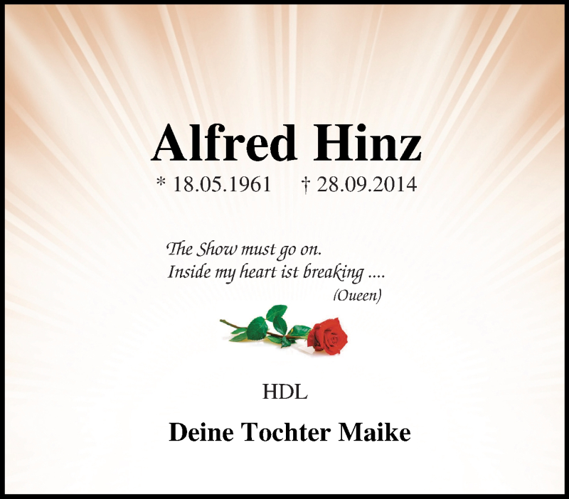  Traueranzeige für Alfred Hinz vom 26.09.2015 aus Tageszeitung