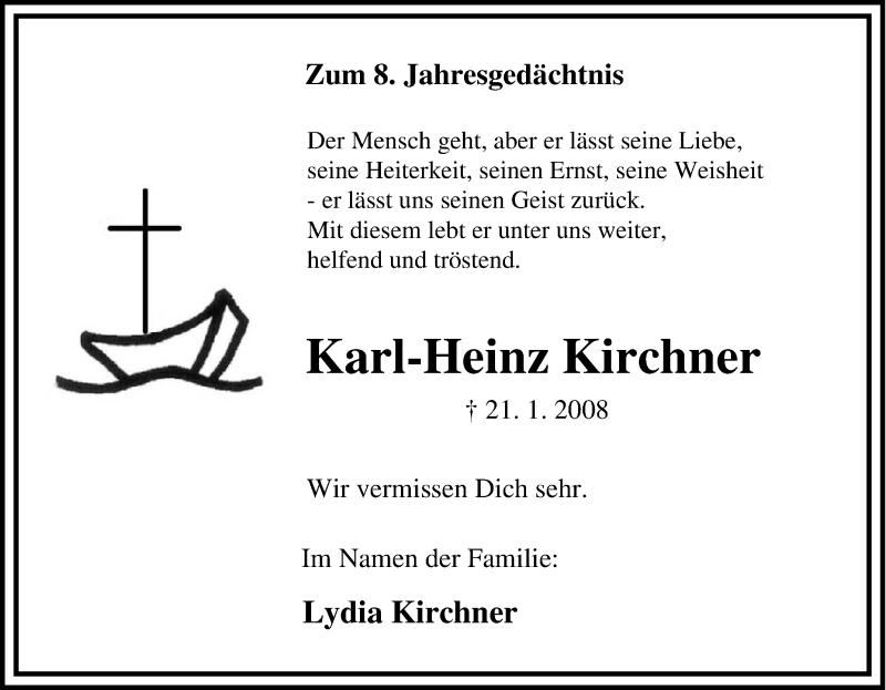  Traueranzeige für Karl-Heinz Kirchner vom 21.01.2016 aus Tageszeitung