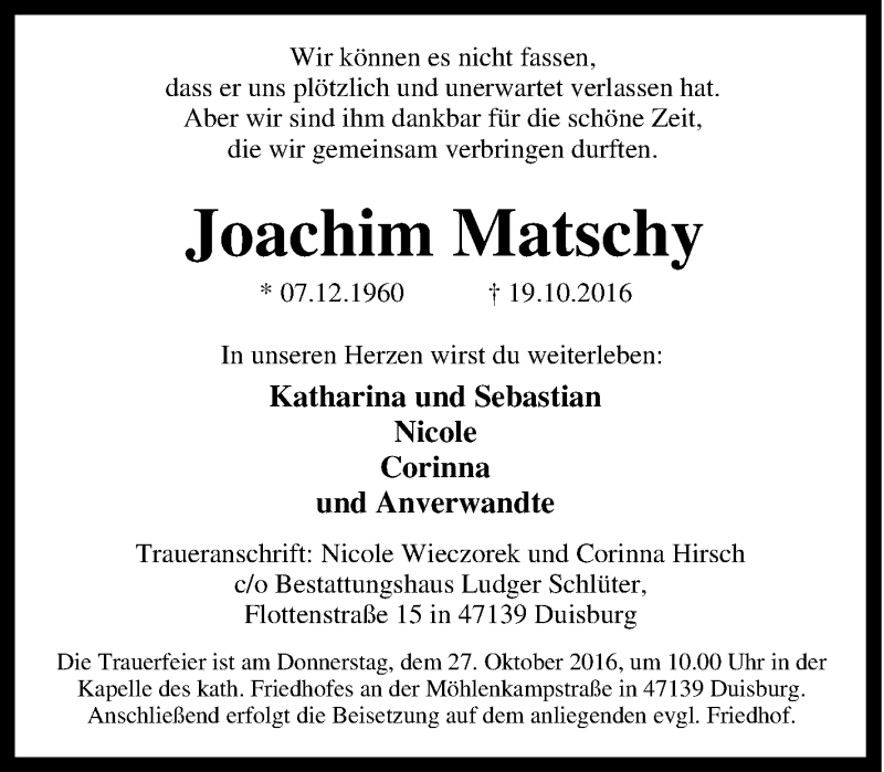  Traueranzeige für Joachim Matschy vom 22.10.2016 aus Tageszeitung