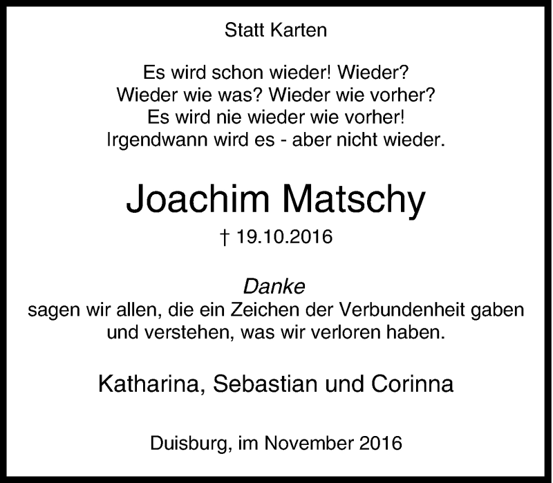  Traueranzeige für Joachim Matschy vom 19.11.2016 aus Tageszeitung
