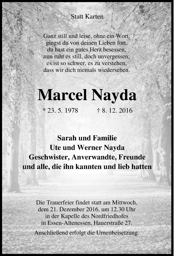  Traueranzeige für Marcel Nayda vom 14.12.2016 aus Tageszeitung