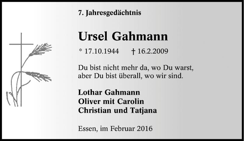  Traueranzeige für Ursel Gahmann vom 17.02.2016 aus Tageszeitung