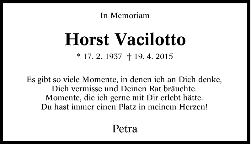  Traueranzeige für Horst Vacilotto vom 19.04.2016 aus Tageszeitung