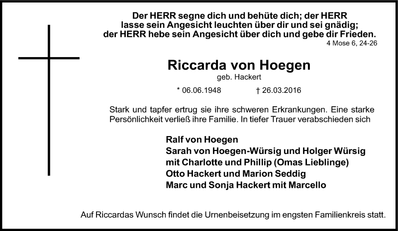  Traueranzeige für Riccarda  von Hoegen vom 09.04.2016 aus Tageszeitung
