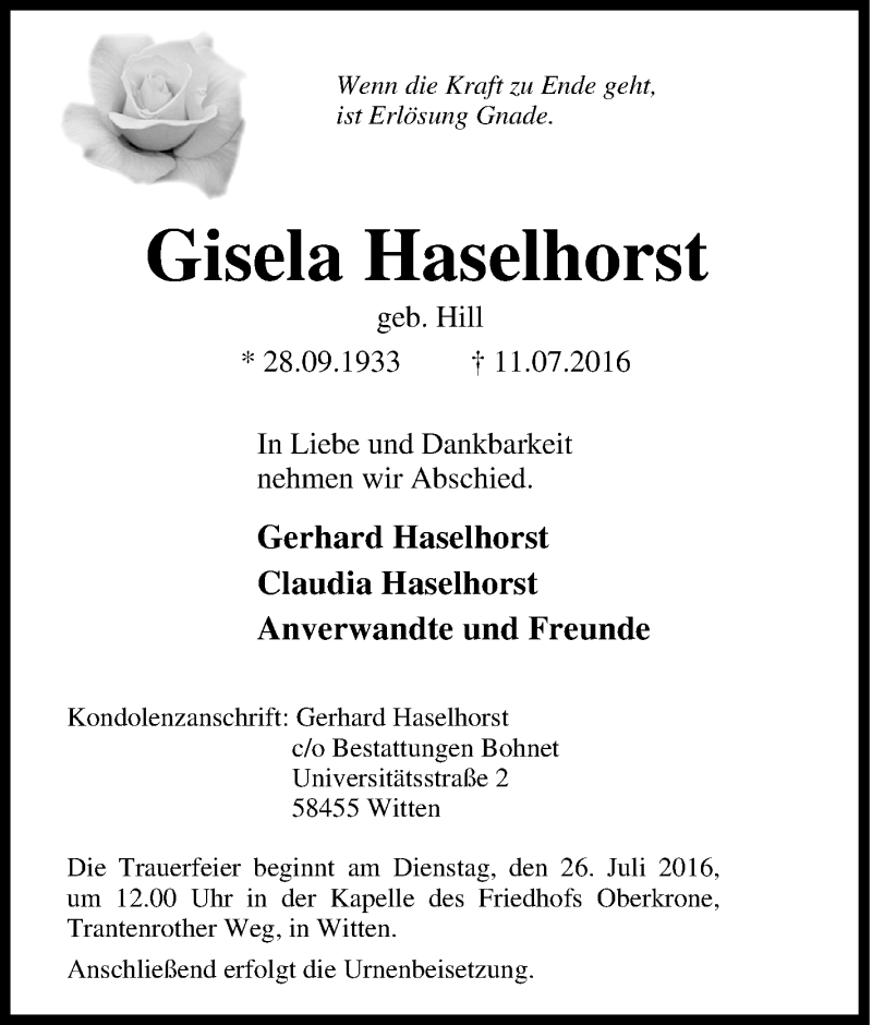  Traueranzeige für Gisela Haselhorst vom 22.07.2016 aus Tageszeitung