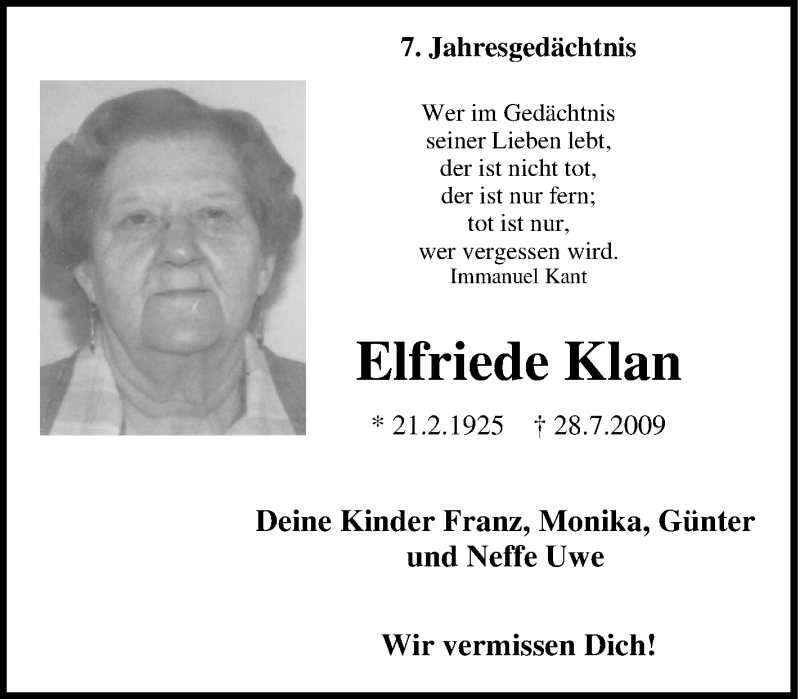 Traueranzeige für Elfriede Klan vom 28.07.2016 aus Tageszeitung