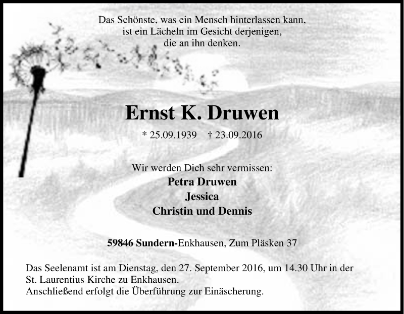  Traueranzeige für Ernst K. Druwen vom 26.09.2016 aus Tageszeitung