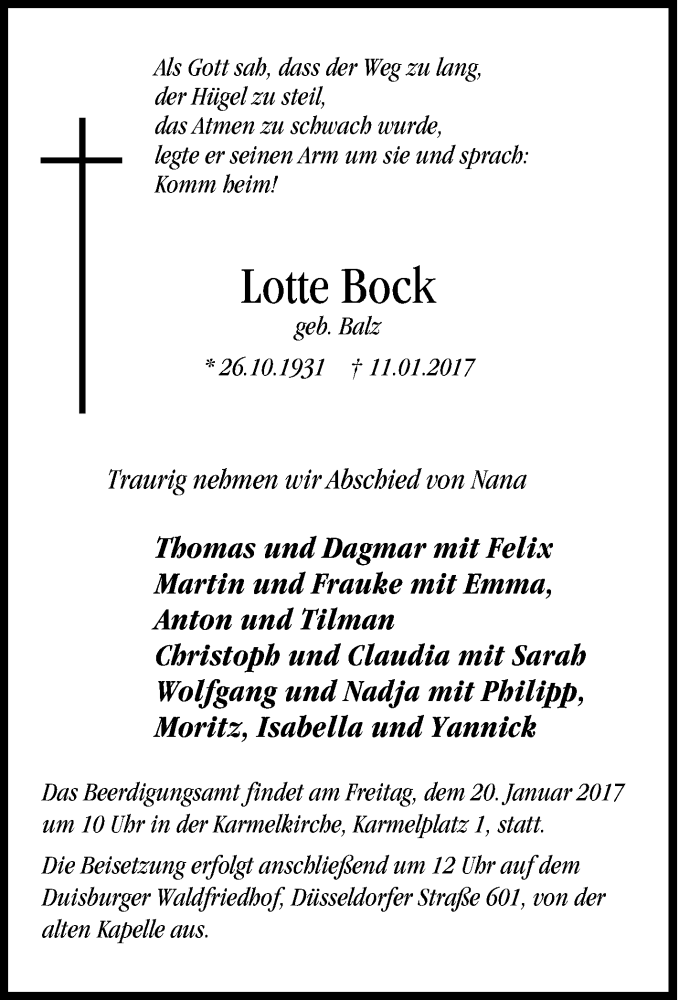  Traueranzeige für Lotte Bock vom 16.01.2017 aus Tageszeitung