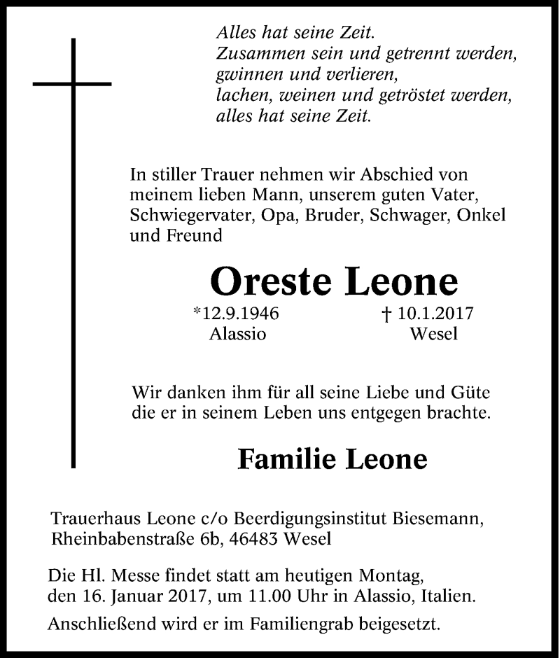  Traueranzeige für Oreste Leone vom 16.01.2017 aus Tageszeitung