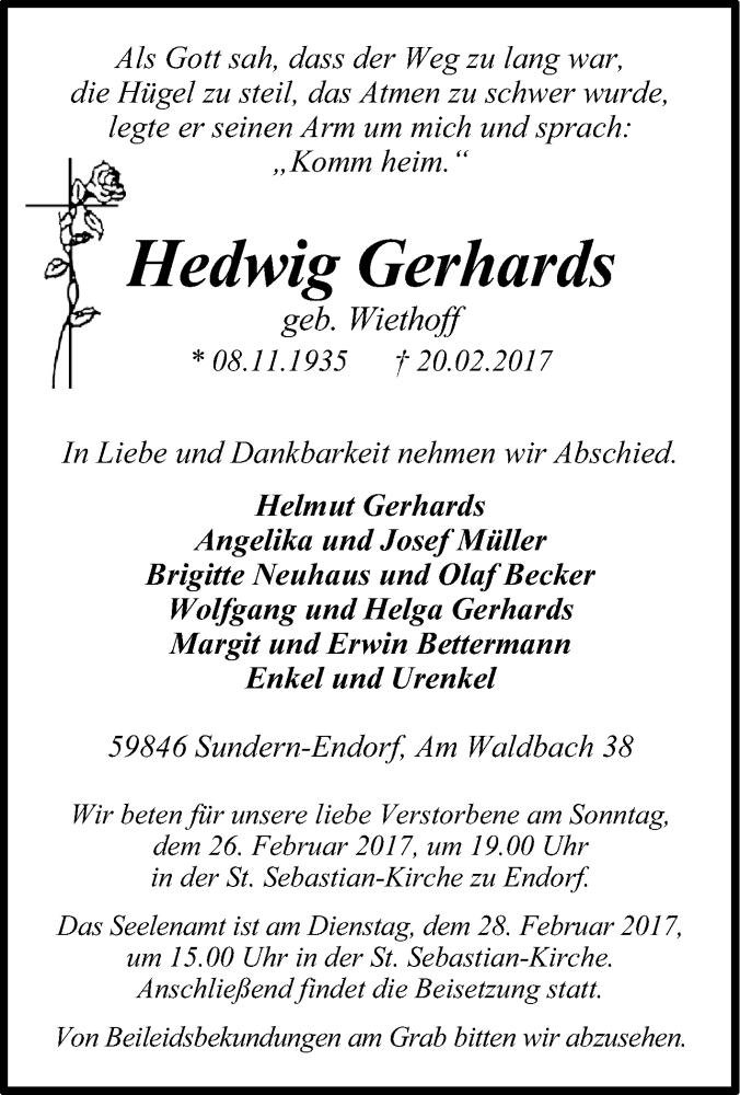  Traueranzeige für Hedwig Gerhards vom 23.02.2017 aus Tageszeitung