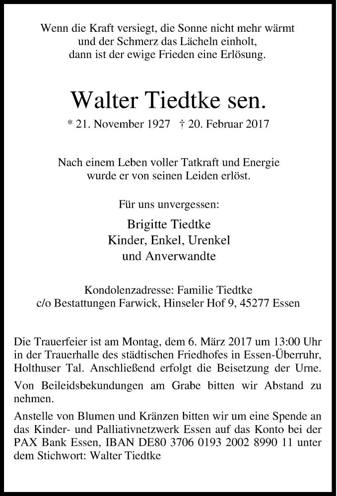  Traueranzeige für Walter Tiedtke vom 25.02.2017 aus Tageszeitung