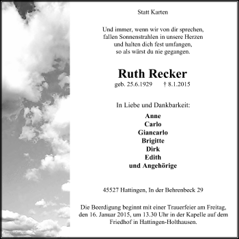 Traueranzeige von Ruth Recker von Stadtspiegel Hattingen/Niedersprockhövel