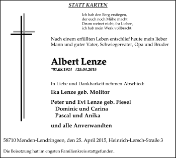 Traueranzeige von Albert Lenze von Stadtspiegel Menden + Froendenberg