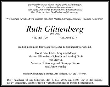 Traueranzeige von Ruth Glittenberg von Stadtanzeiger Velbert + Heiligenhaus