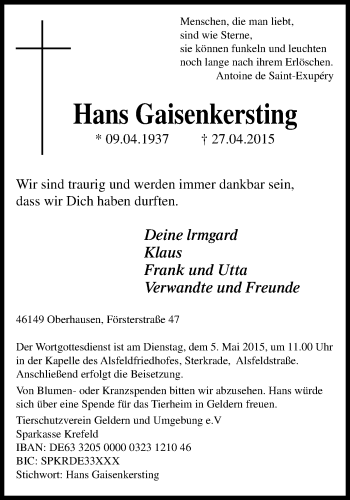 Traueranzeige von Hans Gaisenkersting von Wochen-Anzeiger Oberhausen