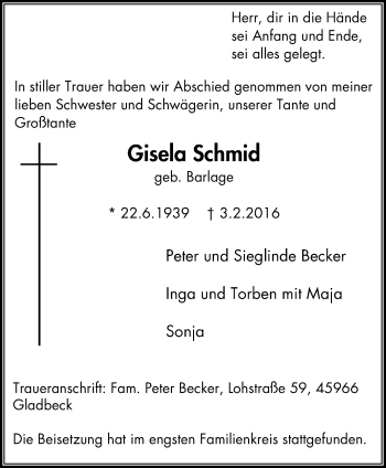 Traueranzeige von Gisela Schmid von Stadtspiegel Gelsenkirchen