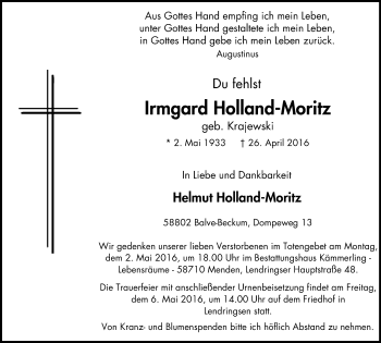 Traueranzeige von Irmgard Holland-Moritz von Stadtspiegel Menden + Froendenberg
