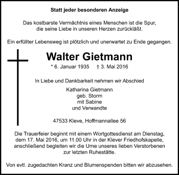 Traueranzeige von Walter Gietmann von Klever Wochenblatt