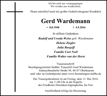 Traueranzeige von Gerd Wardemann von Niederrhein-Anz. Dinsl./Voerde/Hünxe