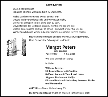 Traueranzeige von Margot Peters von Stadtanzeiger Emmerich/Rees/Isselburg