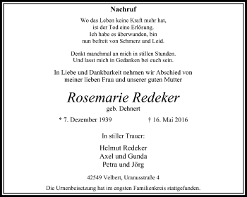 Traueranzeige von Rosemarie Redeker von Stadtanzeiger Velbert + Heiligenhaus