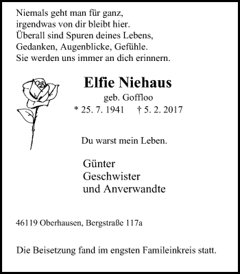 Traueranzeige von Elfie Niehaus von Wochen-Anzeiger Oberhausen