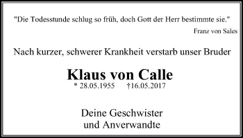 Traueranzeige von Klaus  von Calle von Stadtspiegel Iserlohn + Hemer
