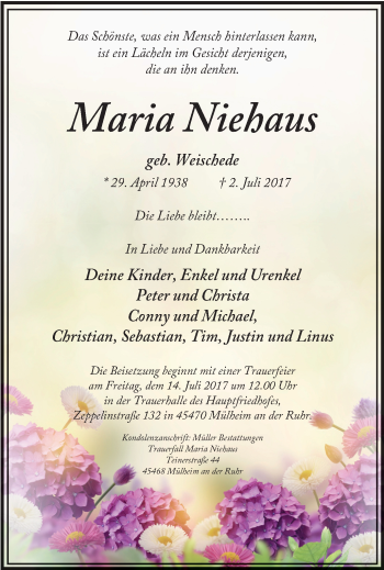 Traueranzeige von Maria Niehaus von Mülheimer Woche
