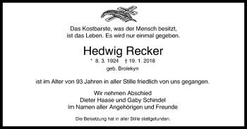 Traueranzeige von Hedwig Recker von Stadtspiegel Bottrop