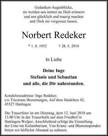 Traueranzeige von Norbert Redeker von Stadtspiegel Hattingen/Niedersprockhövel