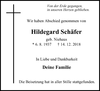 Traueranzeige von Hildegard Schäfer von Wochen-Anzeiger Oberhausen
