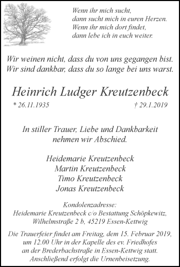 Traueranzeige von Heinrich Ludger Kreutzenbeck von Kettwig Kurier