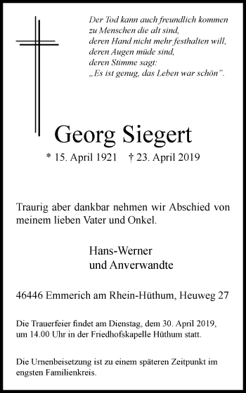 Traueranzeige von Georg Siegen von Stadtanzeiger Emmerich/Rees/Isselburg