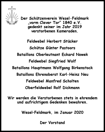 Traueranzeige von Im Gedenken Schützenverein Wesel-Feldmark von Der Weseler + Der Xantener