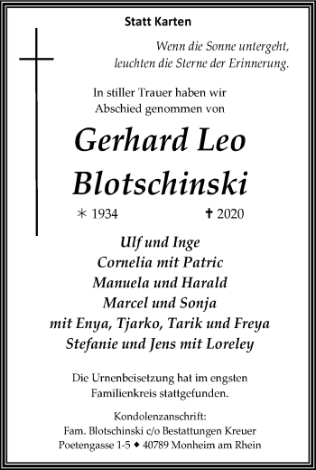 Traueranzeige von Gerhard Leo Blotschinski von WVW Anzeigenblätter