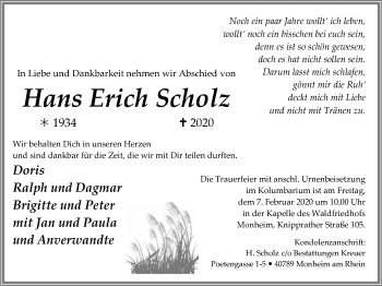 Traueranzeige von Hans Erich Scholz von WVW Anzeigenblätter