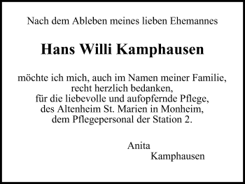 Traueranzeige von Hans Willi Kamphausen von WVW Anzeigenblätter