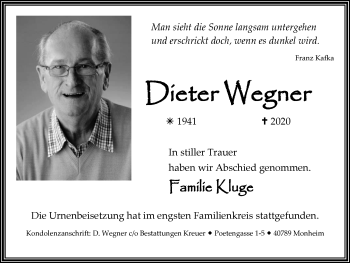 Traueranzeige von Dieter Wegner von WVW Anzeigenblätter